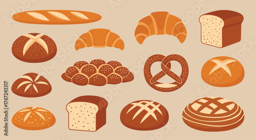 A variety of baked bread goods including loaves, rolls, croissants, and a pretzel are displayed.