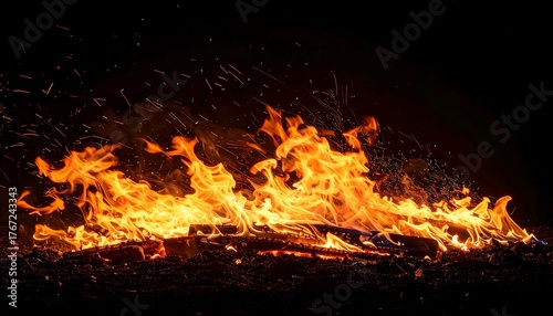 Wide Shot of a Spreading Bonfire with Numerous Flames and Flying Sparks, Illuminating a Dark and Expansive Area