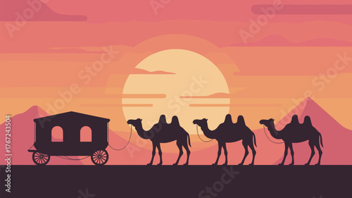Camels Caravan with Wagon Silhouette Desert Scene Illustration