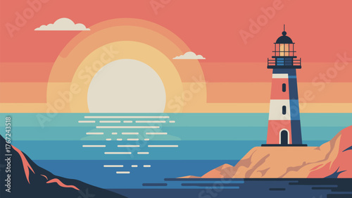 Coastal Lighthouse Seascape Landscape Vector Illustration