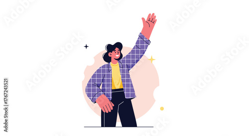 A cheerful young person raises their hand in an energetic gesture, expressing excitement or greeting, against a simple abstract background.