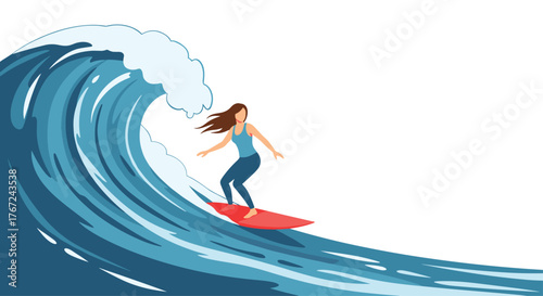 Woman surfing a large wave on a red surfboard, dynamic ocean sport scene.