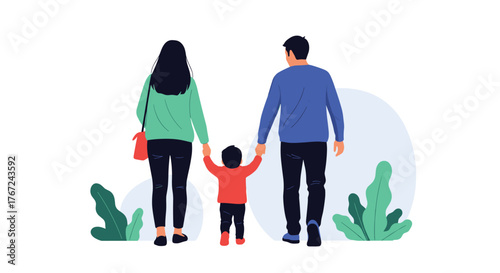 A loving family, consisting of a mother, father, and their small child, walks hand-in-hand, symbolizing togetherness and support.