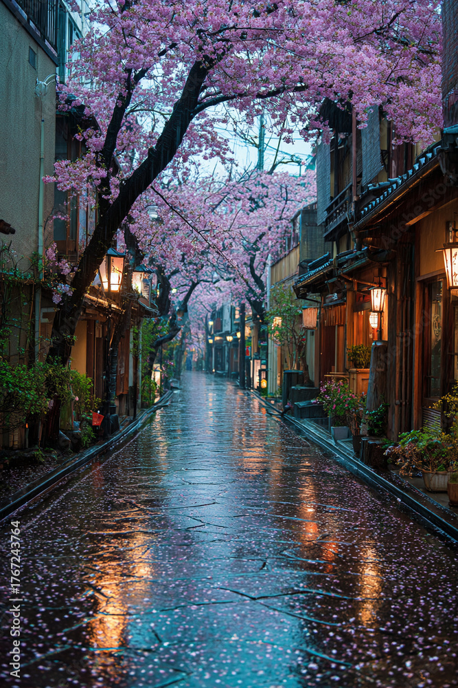 Fototapeta premium Japanese style rain-soaked streets with blossom cherry petals glowing