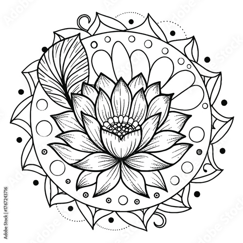 Intricate sacred lotus flower mandala detailed line art coloring page for relaxation and mindfulness