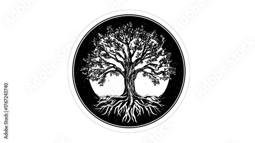 Intricate tree with roots in a circle, vintage hand-drawn style emblem. Nature, growth, life symbol graphic.