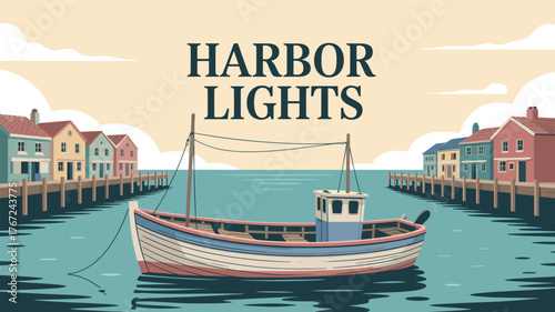 Harbor Lights Illustration. Fishing Boat in Marina.