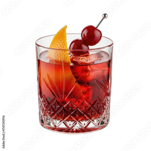 Negroni cocktail in a crystal glass with orange peel isolated on transparent background