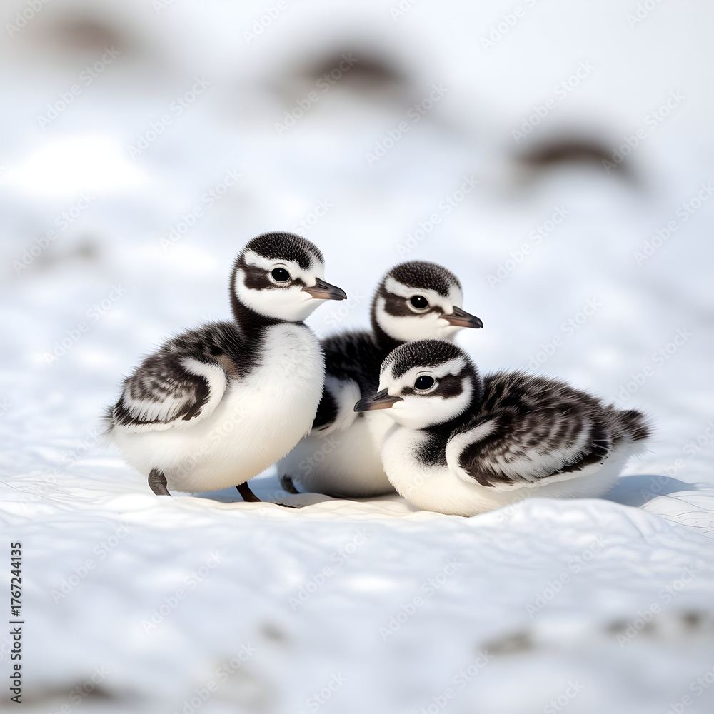 Fototapeta premium Three adorable penguin chicks illustration huddled together on a snowy arctic landscape under bright daylight