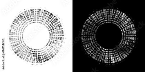 Dynamic abstract spiral sound wave rhythm lines. Circular spiral sound wave rhythm of lines. Circular futuristic abstract lines, black and white background.