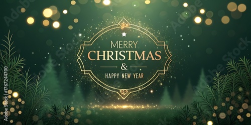 Elegant merry Christmas and happy new year greeting with golden ornate frame and bokeh lights in a festive forest setting.