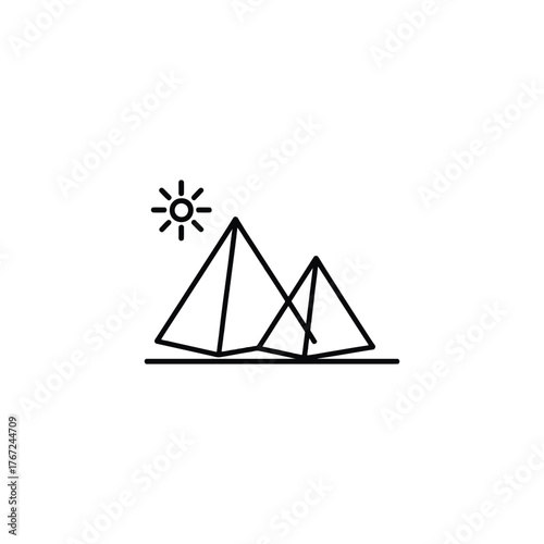 Simple line art illustration of egyptian pyramids under a bright sun
