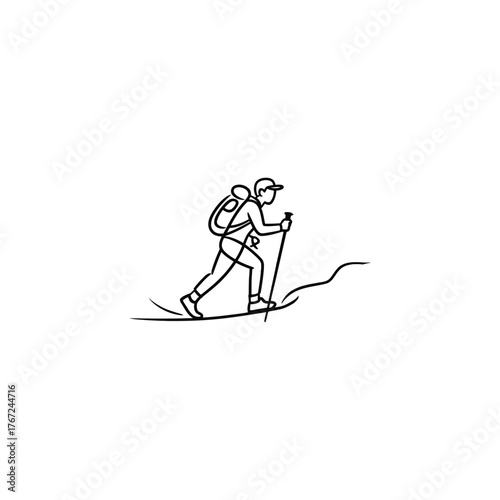 Simple line drawing of a hiker with backpack and trekking poles