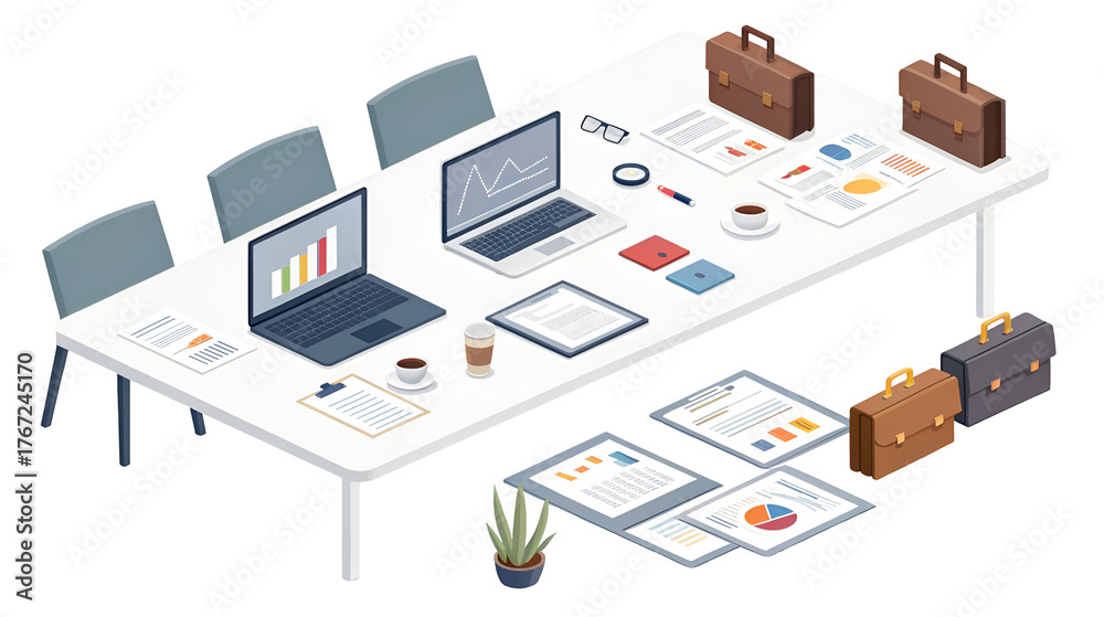 Obraz premium Isometric conference table setup for a corporate meeting featuring laptops, charts, and briefcases isolated on transparent background.