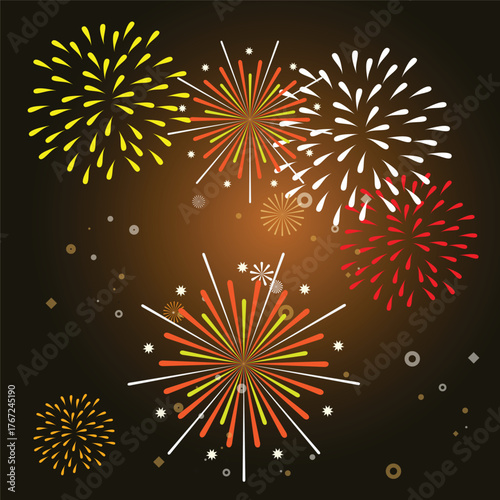 Vector decorative border with colorful exploding fireworks in the sky - celebration card, festival banner