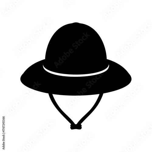 Monochrome image depicting a sun helmet or pith helmet with a chin strap