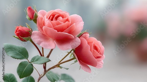 Macro Close Up Of Blooming Pink Roses With Water Droplets And Green Leaves Delicate Petals With Soft Light Focus On Flower Center And Blurred Background