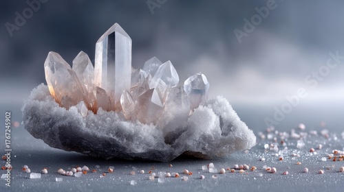 Macro Close Up Of Translucent Ice Crystals Forming A Cluster With Subtle Pink And Orange Hues And Sparkling Glitter Against A Softly Blurred Grey Background With Dramatic Lighting