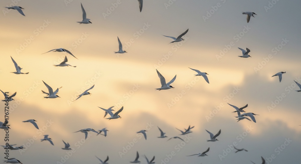 Obraz premium Many birds fly freely in an expansive sky bathed in beautiful warm golden hour sunlight. AI Generated