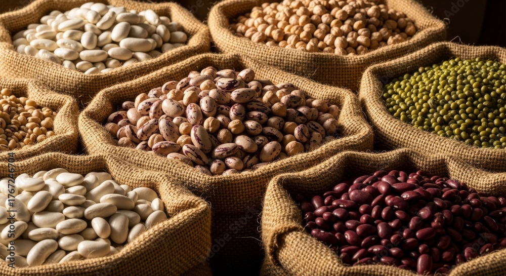 Obraz premium Colorful Array of Dried Beans and Legumes in Sacks