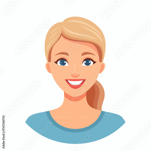 Happy blonde woman smiling brightly. Cheerful female character illustration in flat vector style.
