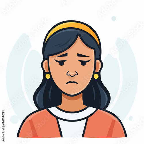 Black-haired woman with long hair feeling sad and emotional. Expressive flat vector art of heartbreak.
