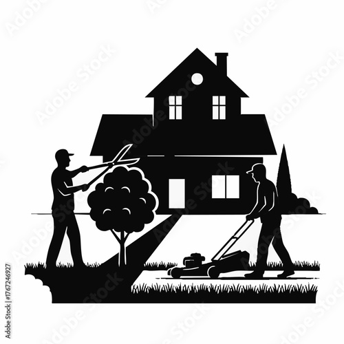 Silhouette illustration of two men working in a garden, one trimming a tree and the other mowing the lawn near a house.