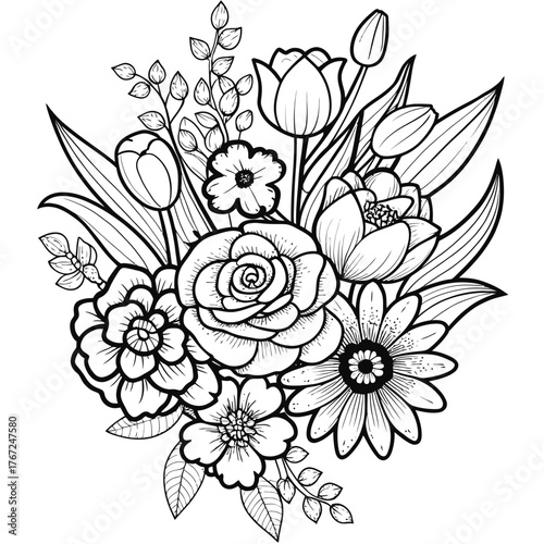 Beautiful spring flower bouquet coloring page for kids adults creative artistic design easy to color