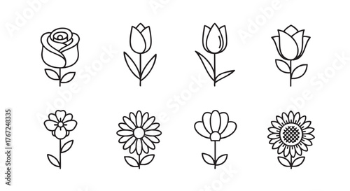 Collection of four different flower outlines in black and white graphic style