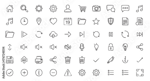 Collection of hand drawn web and application user interface icons