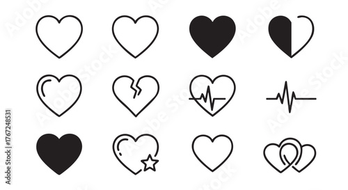 Collection of Heart Icons Representing Love and Affection in Black and White