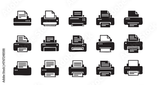 Collection of printer icons in black and white for office use