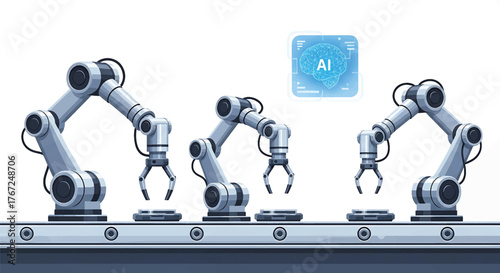 Industrial robotic arms on a production line with AI logo on white background.
