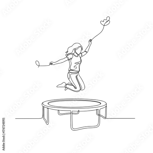Woman jumping on trampoline in backyard in line art style symbolizing joy