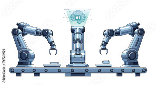 Three robotic arms working on an assembly line with a glowing blue AI symbol above.