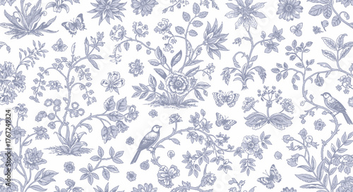 Toile de Jouy Blue Botanical Garden - Vintage Floral Pattern Vector