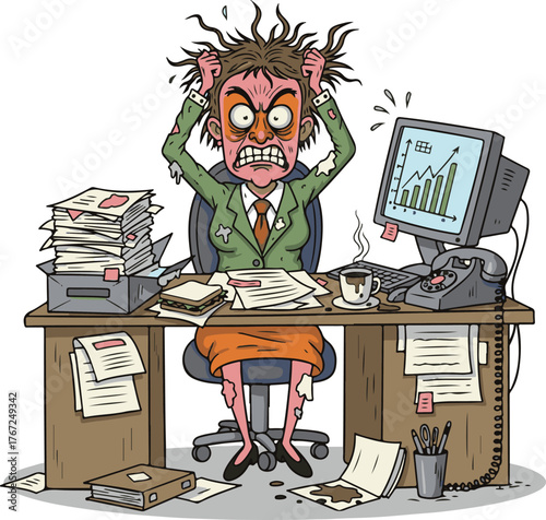 Overwhelmed businesswoman with messy desk and stressed expression, struggling with deadlines and workload in a chaotic office environment
