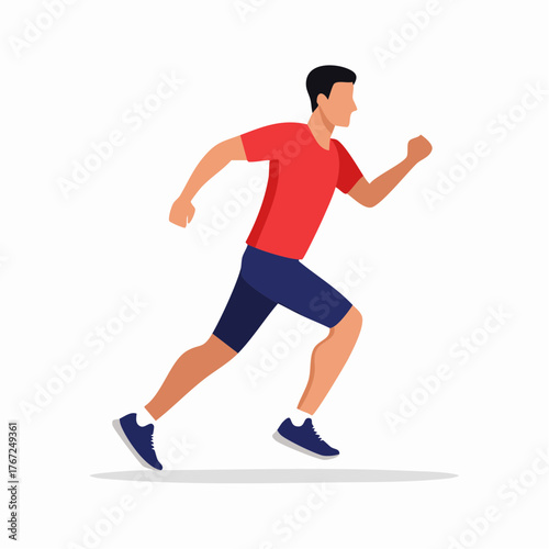 Young man running fast in red sportswear, showing strength and energy. Vector flat illustration.
