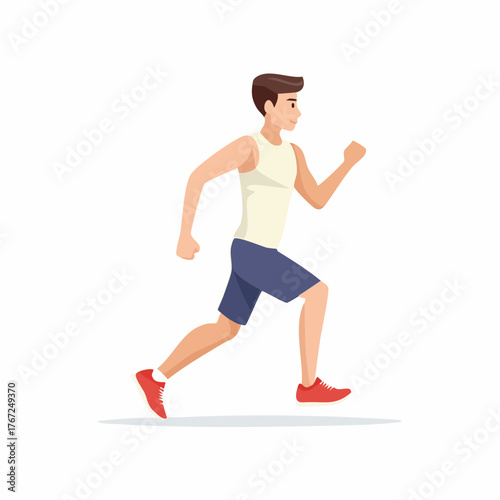 Man running in athletic white outfit. Sports and fitness lifestyle concept. Flat vector illustration.
