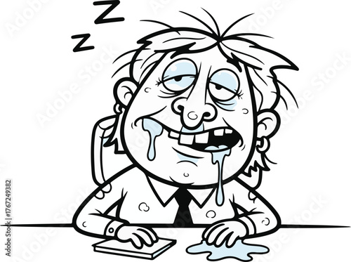 Tired businessman drooling at his desk, exhausted from overwork, cartoon illustration