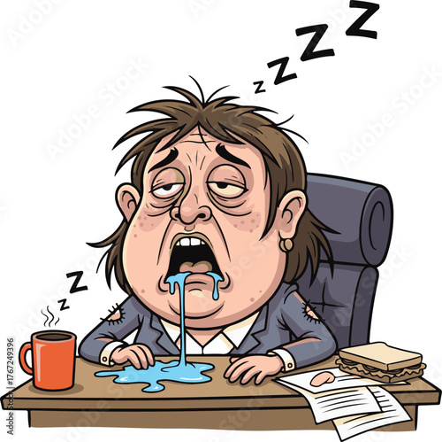 Tired Office Worker Slumps at Desk, Drooling and Sound Asleep