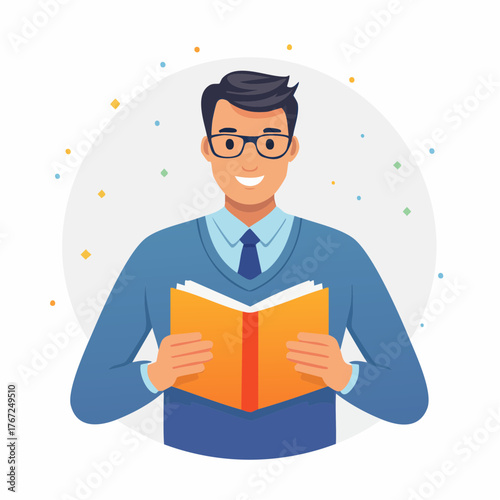 Male student holding open book with smile, symbolizing learning, study, and education success.