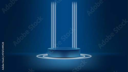 Cylindrical podium with lights on a blue background.