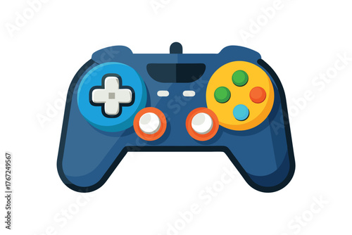 Close up of a modern blue video game controller with colorful buttons on a white background