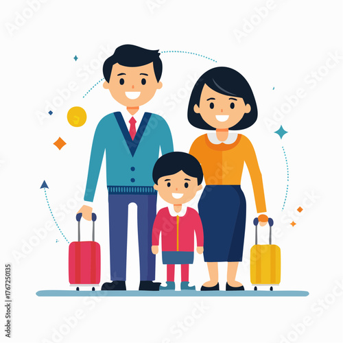 Vector illustration of a family with luggage ready for travel. Parents and child smiling happily.