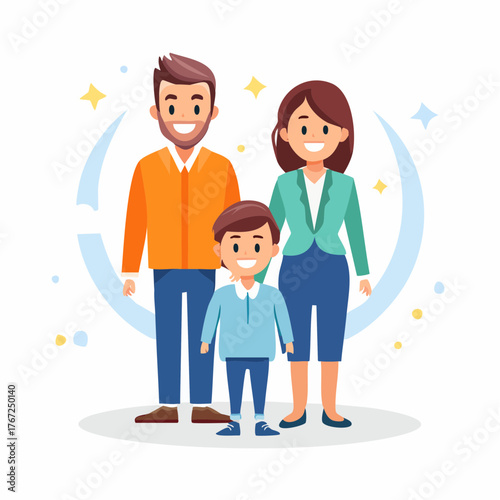 Happy family portrait of parents and son standing together. Flat vector illustration of cheerful people.