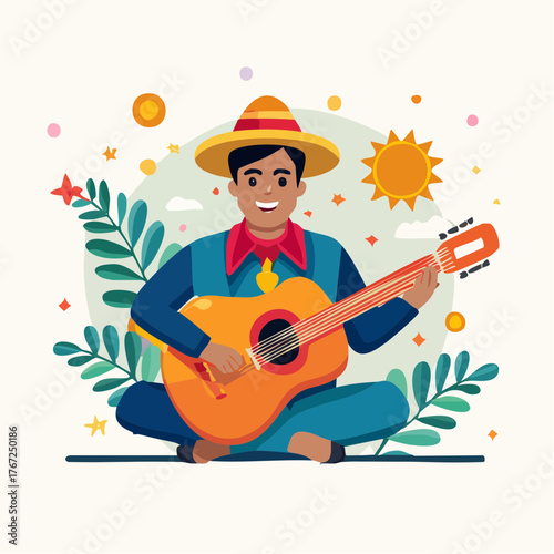 Vector illustration of a man sitting and playing guitar outdoors under the sun. Colorful flat style, cheerful and relaxed mood.