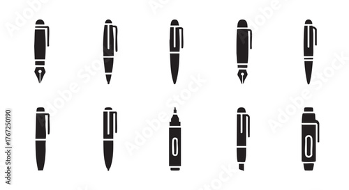 Collection of Various Black Pens in Differents Shapes on a White Background