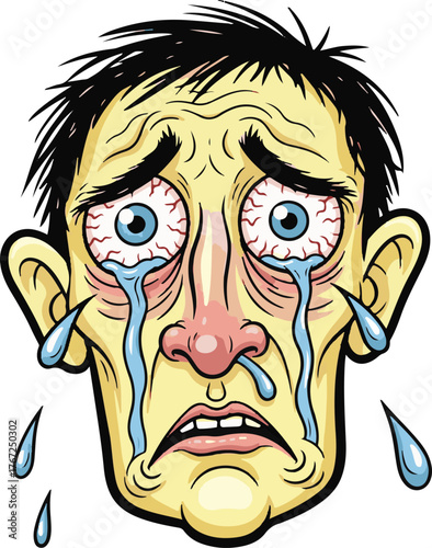 Distraught Man Crying Bloodshot Eyes Tears Pouring Down Face With Great Sadness and Anguish