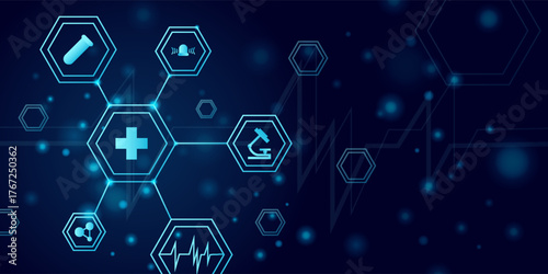 Abstract medical technology featuring interconnected glowing hexagons with healthcare icons. Ideal for digital health, diagnostics, AI in medicine, and scientific innovation. Vector illustration.